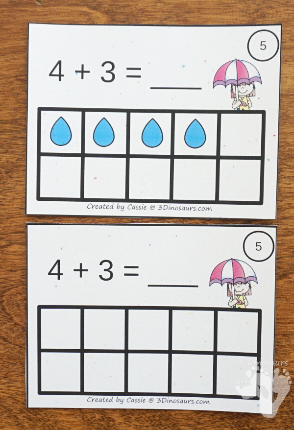 Free Easy To Use Raindrop Ten Frame Addition - work on addition 1 to 10 with 2 types of ten frame cards and matching worksheet  - 3Dinosaurs.com