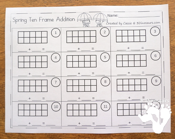 Free Easy To Use Raindrop Ten Frame Addition - work on addition 1 to 10 with 2 types of ten frame cards and matching worksheet  - 3Dinosaurs.com