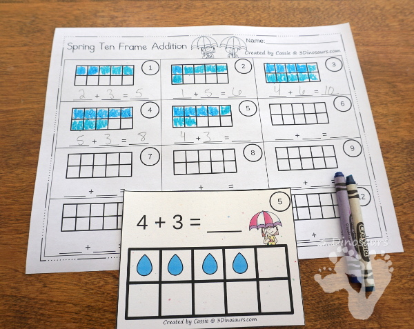 Free Easy To Use Raindrop Ten Frame Addition - work on addition 1 to 10 with 2 types of ten frame cards and matching worksheet  - 3Dinosaurs.com