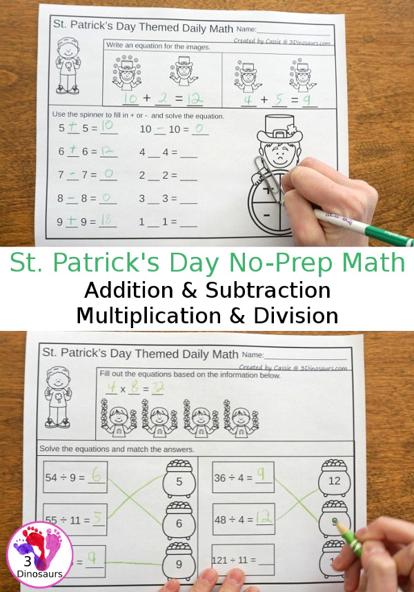 No-Prep St Patrick's Day No-Prep Math: Addition & Subtraction or Multiplication & Division - 30 pages in each set with review sheets at the end all in a St. Patrick's Day theme with no cutting or prep work needed - 3Dinosaurs.com