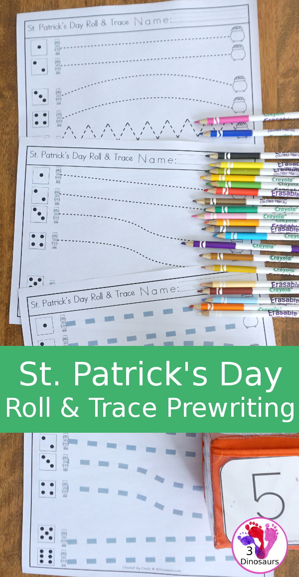 Free St. Patrick's Day Roll & Trace Prewriting - 2 prewriting sheets in two different line types - 3Dinosaurs.com