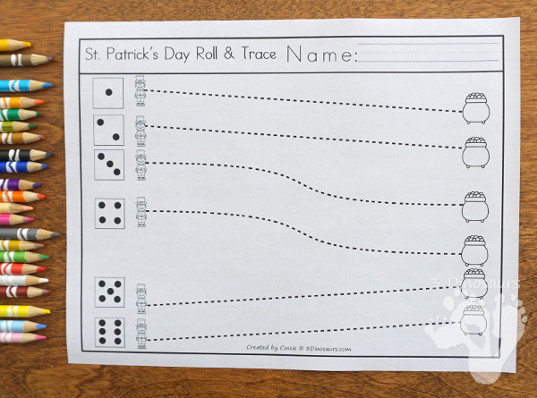 Free St. Patrick's Day Roll & Trace Prewriting - 2 prewriting sheets in two different line types   - 3Dinosaurs.com