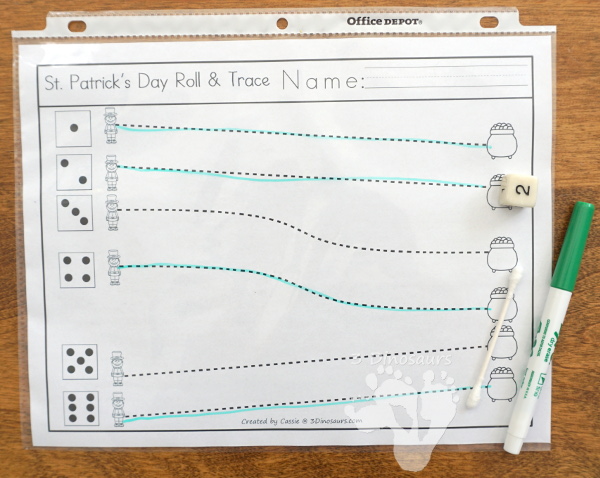 Free St. Patrick's Day Roll & Trace Prewriting - 2 prewriting sheets in two different line types   - 3Dinosaurs.com