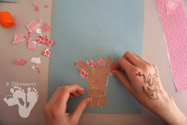 Torn Scrapbook Paper Spring Tree - fun and easy craft for different ages to work on together with work on fine motor skills to make a fun spring craft  - 3Dinosaurs.com
