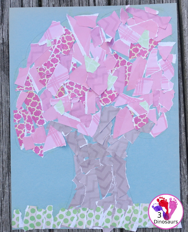 Torn Scrapbook Paper Spring Tree - fun and easy craft for different ages to work on together with work on fine motor skills to make a fun spring craft  - 3Dinosaurs.com