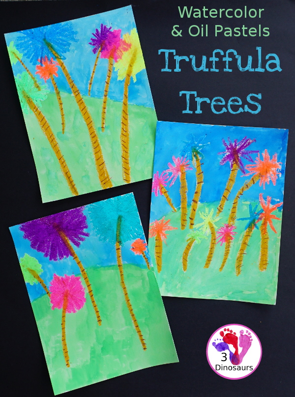 Watercolor & Oil Pastel Truffula Trees - a fun and easy way to do a mixed media art project with kids for the book The Lorax  - 3Dinosaurs.com