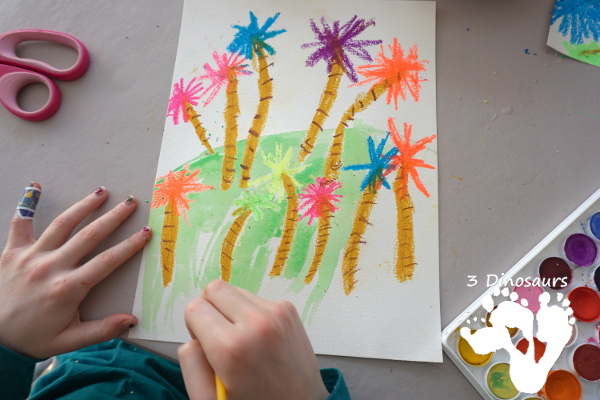 Watercolor & Oil Pastel Truffula Trees - a fun and easy way to do a mixed media art project with kids for the book The Lorax  - 3Dinosaurs.com