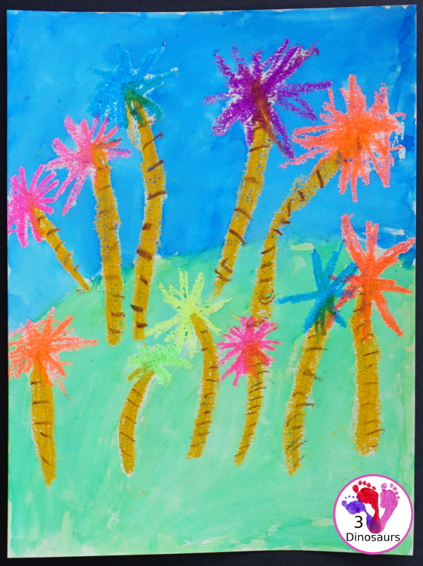 Watercolor & Oil Pastel Truffula Trees - a fun and easy way to do a mixed media art project with kids for the book The Lorax  - 3Dinosaurs.com