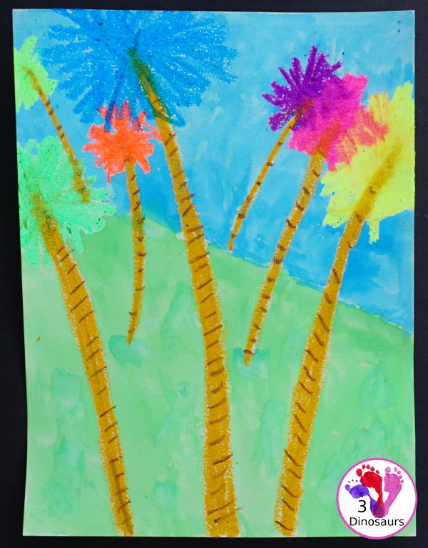 Watercolor & Oil Pastel Truffula Trees - a fun and easy way to do a mixed media art project with kids for the book The Lorax  - 3Dinosaurs.com