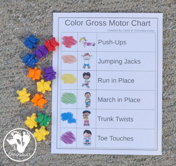 Free Color Themed Gross Motor Dice - with 9 gross motor movements for kids to do with a color code and 4 different sheets to use with the color theme dice - 3Dinosaurs.com