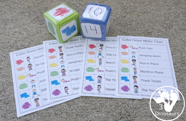 Free Color Themed Gross Motor Dice - with 9 gross motor movements for kids to do with a color code and 4 different sheets to use with the color theme dice - 3Dinosaurs.com