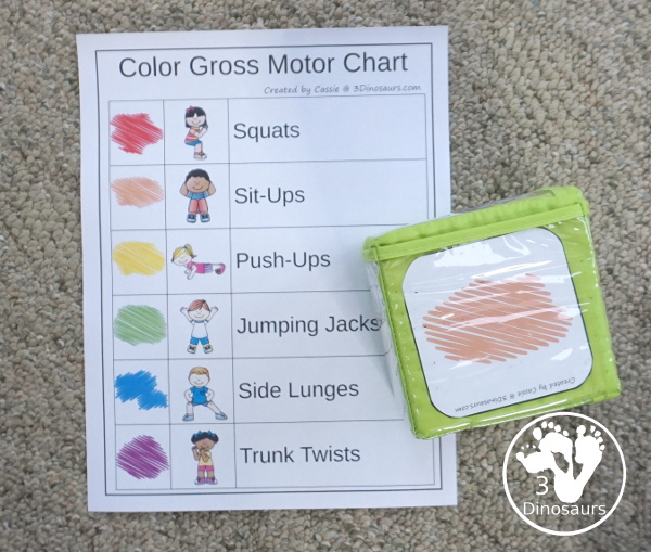 Free Color Themed Gross Motor Dice - with 9 gross motor movements for kids to do with a color code and 4 different sheets to use with the color theme dice - 3Dinosaurs.com