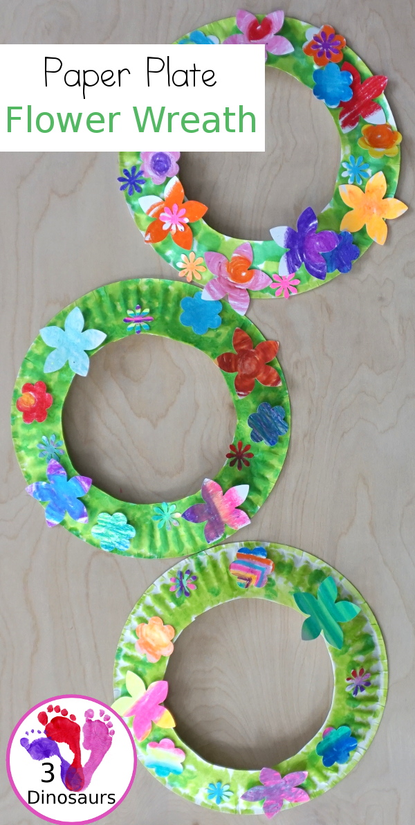 Flower Themed Paper Plate Wreath: Oil Pastels - fun and easy wreaths to make at any time using flower punches and paper plates - 3Dinosaurs.com