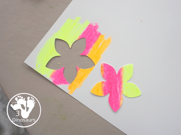 Flower Themed Paper Plate Wreath: Oil Pastels - fun and easy wreaths to make at any time using flower punches and paper plates - 3Dinosaurs.com