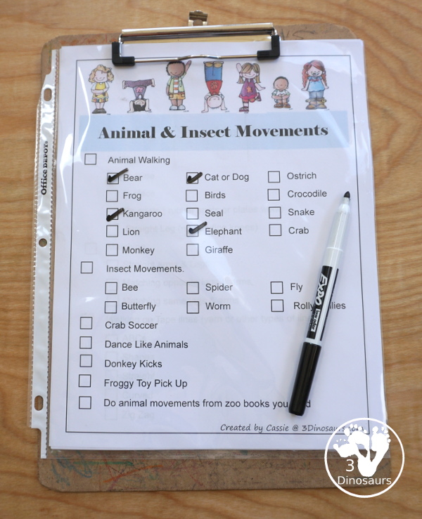 Gross Motor Printable List with  12 pages of gross motor activities to do - animal movements, tossing, coordination, kicking, hoping, jumping, games, dance and more - 3Dinosaurs.com