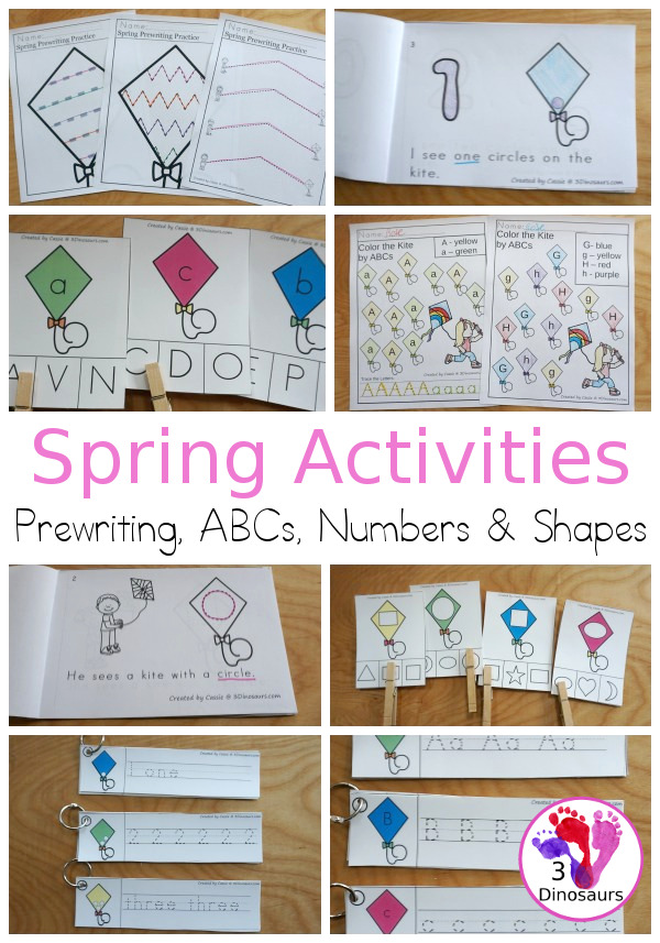 Spring Activities Pack with Prewriting, Shapes, ABCs, and Numbers - 191 pages of activities with no-prep pages, clip cards and tracing strips to help with learning skills with cute kites - 3Dinosaurs.com