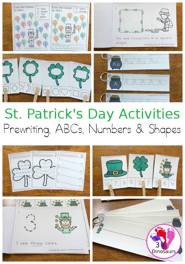 St. Patrick's Day Activities Pack with Prewriting, Shapes, ABCs, and Numbers - 191 pages of activities with no-prep pages, clip cards and tracing strips to help with learning skills - 3Dinosaurs.com
