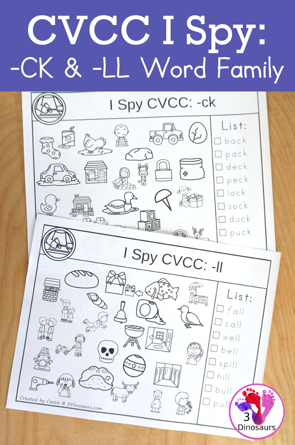 Free CVCC I Spy - LL & -CK Word Families - two set of pages for each ending. You have find the words andthen color the word ending - 3Dinosaurs.com