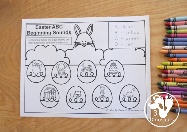 Free Easter Beginning Sound Coloring Printable - with four letter on each page work on coloring the beginning sound of each letter on the pages - Easy no-prep printable for learning in kindergarten and prek - 3Dinosaurs.com