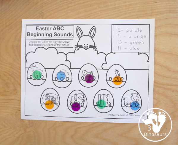 Free Easter Beginning Sound Coloring Printable - with four letter on each page work on coloring the beginning sound of each letter on the pages - Easy no-prep printable for learning in kindergarten and prek - 3Dinosaurs.com