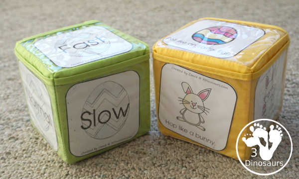 Free Easter Gross Motor Dice - with 6 fun movements for kids to get moving during Easter time with bunny eggs and more - 3Dinosaurs.com