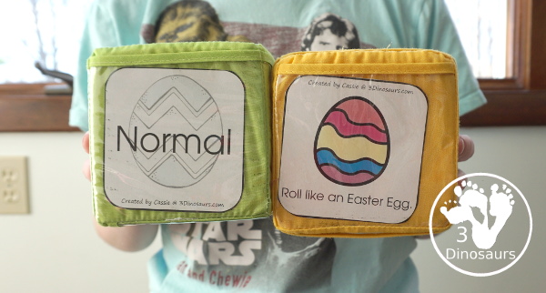 Free Easter Gross Motor Dice - with 6 fun movements for kids to get moving during Easter time with bunny eggs and more - 3Dinosaurs.com