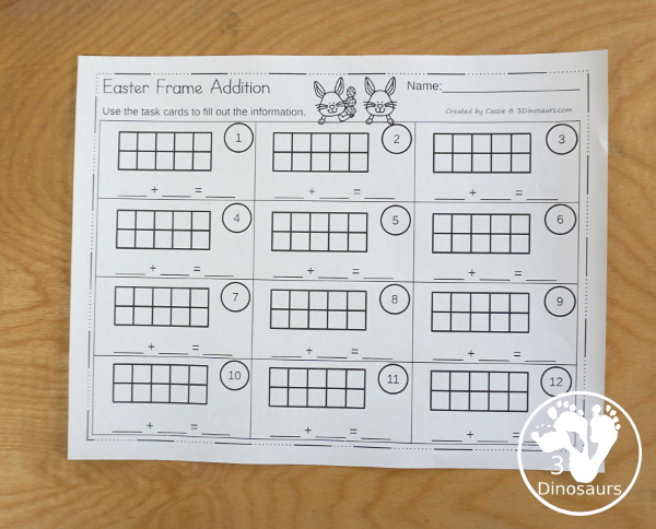 Free Easter Egg Ten Frame Addition Cards - with two addition ten frame cards and a recording sheet to use with kids - 3Dinosaurs.com - 3Dinosaurs.com