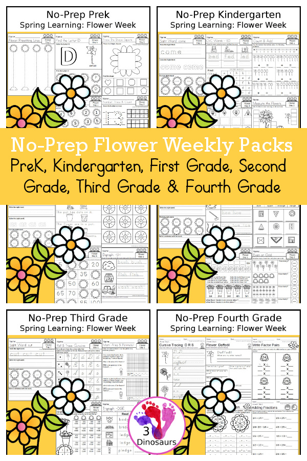 Flower Day No-Prep Weekly Packs PreK, Kindergarten, First Grade, Second Grade, Third Grade & Fourth Grade with 5 days of activities to do for each grade level - You will find math, language, and more - These are easy to use packs for homework, distance learning, and morning work. Easy no-prep printables for kids - 3Dinosaurs.com 