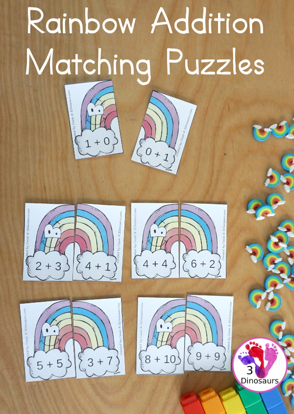 Free Rainbow Addition Matching - a fun addition matching game adding numbers from 1 to 20  with two piece puzzles and matching number bond mat for kindergarten and first grade - 3Dinosaurs.com