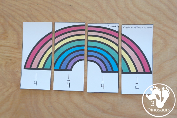Free Hands-On Rainbow Fractions Puzzles - with 6 puzzles, fraction cards and building mats for working on learning fractions and comparing fractions- 3Dinosaurs.com