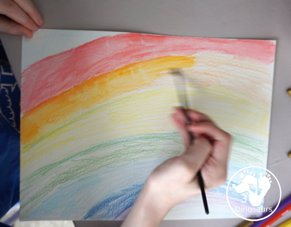 Rainbow Watercolor Pencil Painting - this is a great way to change up coloring and painting activities and watch how the pencil coloring mixes on the paper and makes a great watercolor painting  - 3Dinosaurs.com