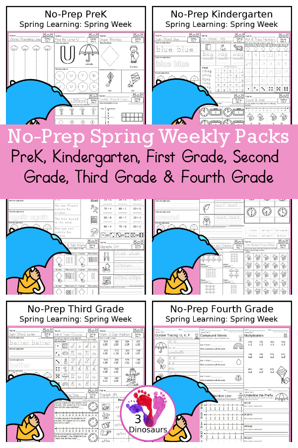 Spring Day No-Prep Weekly Packs PreK, Kindergarten, First Grade, Second Grade, Third Grade & Fourth Grade with 5 days of activities to do for each grade level - You will find math, language, and more - These are easy to use packs for homework, distance learning, and morning work - You have rain, spring weather, and more in these packs.- 3Dinosaurs.com
