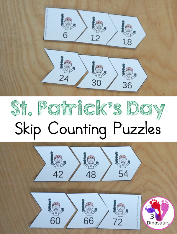 Free St Patrick's Day Skip Counting 6 Puzzles - A fun arrow puzzles for kids to put all numbers in order skip counting by six with pictures - 3Dinosaurs.com