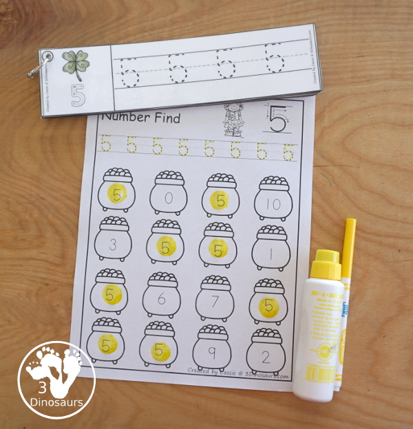 St Patrick's Day Number Find - with numerical number and number word for kids to work on tracing and finding with 43 pages of printables - 3Dinosaurs.com