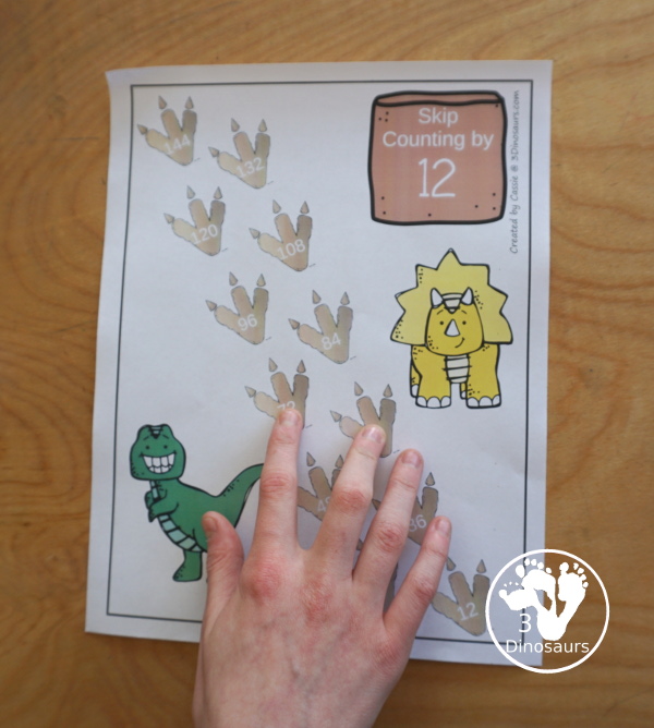 Free Dinosaur Skip Counting Mats - With 12 Skip Counting Mats with numbers from 1 to 12 with dinosaur footprints and dinosaur theme - 3Dinosaurs.com