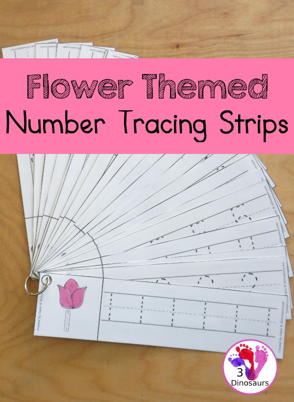 Free Flower Themed Number Tracing Strips - with numbers 0 to 20. You have numbers to trace and an example of how to trace the numbers with three fun flowers that are great for spring. - 3Dinosaurs.com