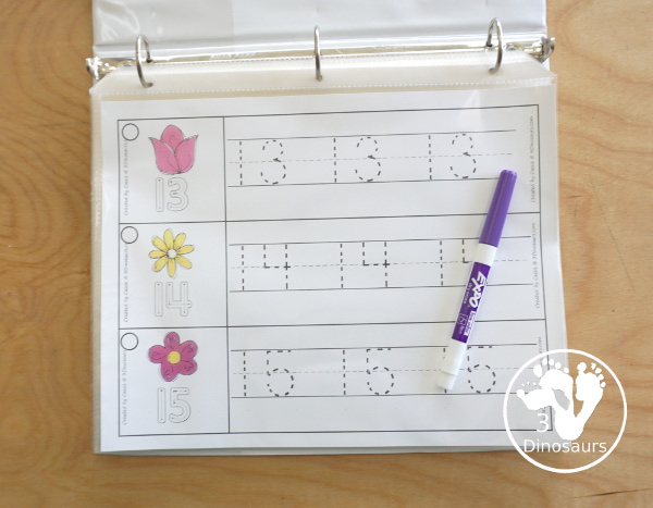 Free Flower Themed Number Tracing Strips - with numbers 0 to 20. You have numbers to trace and an example of how to trace the numbers with three fun flowers that are great for spring. - 3Dinosaurs.com