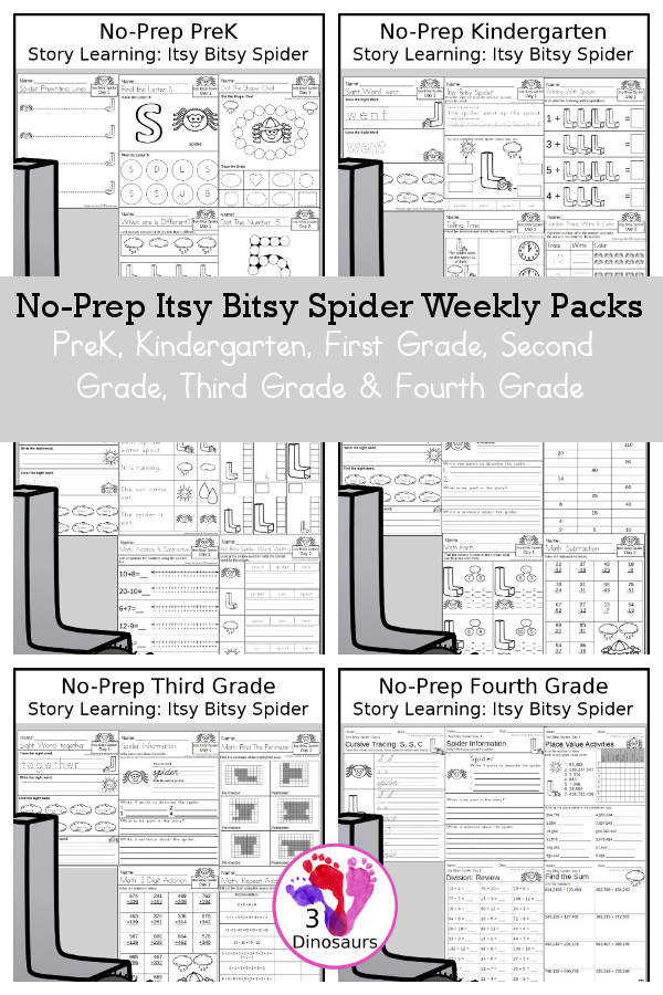 Itsy Bitsy Spider No-Prep Weekly Packs PreK, Kindergarten, First Grade, Second Grade, Third Grade & Fourth Grade with 5 days of activities to do for each grade level With loads of Itsy Bitsy Spider and spider themes - You will find a mix of math, language, and more - These are easy to use packs for story learning, homework, early finisher, and morning work. Easy no-prep printables for kids with four pages for each day - 3Dinosaurs.com
