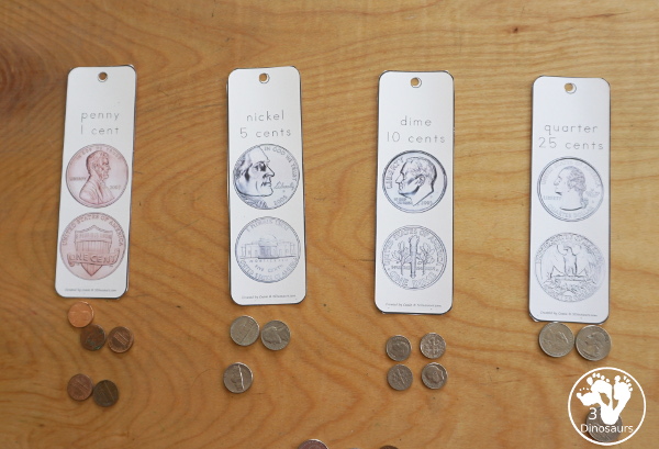 Free Money Bookmarks - they have penny, nickel, dime, quarter, 1 dollar, 5 dollar, 10 dollar, and 20 dollar for the bookmarks. - 3Dinosaurs.com