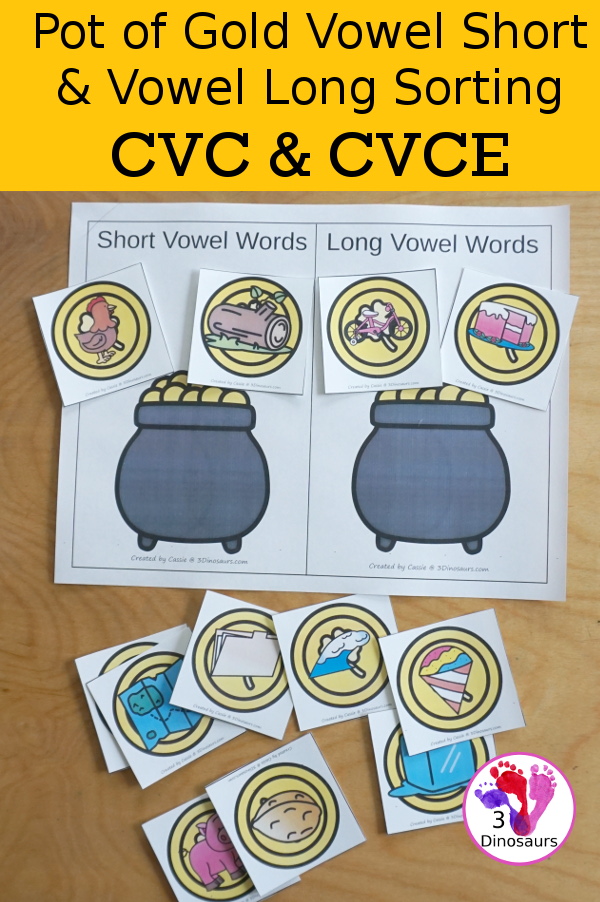 Free Pot of Gold Sorting CVC & CVCe Printable for sorting 6 CVC and 6 CVCe words with a  sorting mat and recording sheet - 3Dinosaurs.com