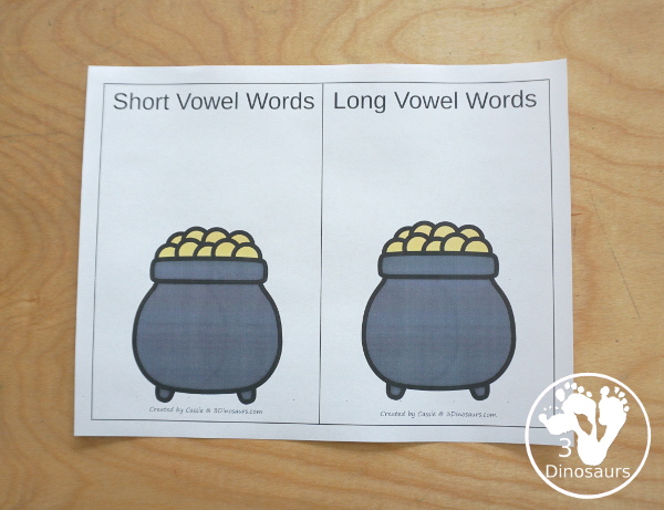 Free Pot of Gold Sorting CVC & CVCe Printable for sorting 6 CVC and 6 CVCe words with a  sorting mat and recording sheet - 3Dinosaurs.com