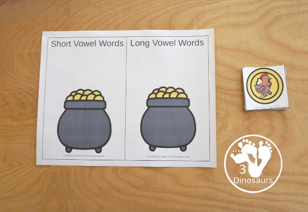 Free Pot of Gold Sorting CVC & CVCe Printable for sorting 6 CVC and 6 CVCe words with a  sorting mat and recording sheet - 3Dinosaurs.com