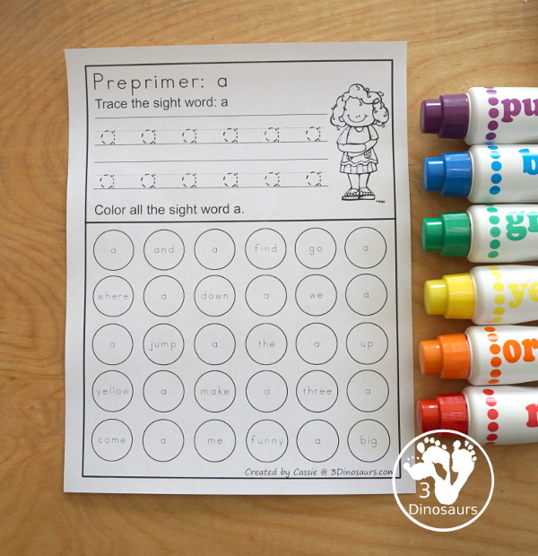 Free Preprimer Sight Word Trace & Dot the Word - 40 sight word for kids to work on learning. You have trace the sight word and then find the sigh word worksheet. - 3Dinosaurs.com