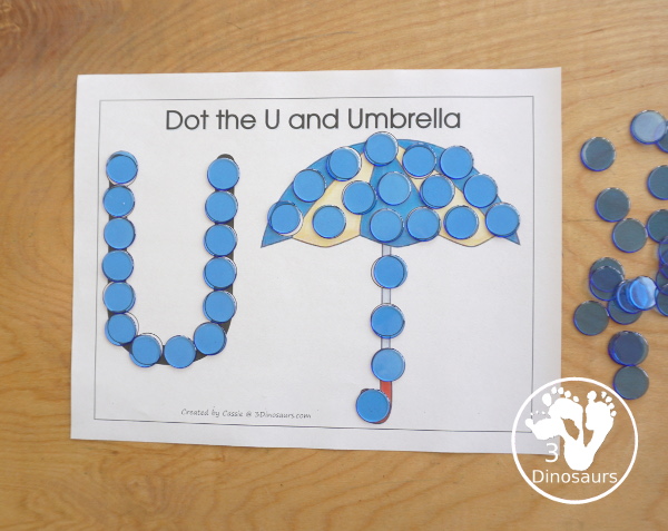 Free Romping & Roaring U Pack Letter Pack: U is for Umbrella - a letter U pack that has prewriting, finding letters, tracing letters, coloring pages, shapes, puzzles and more - 3Dinosaurs.com