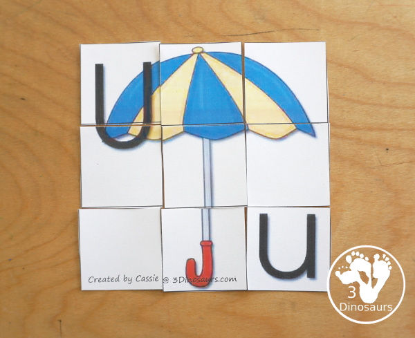 Free Romping & Roaring U Pack Letter Pack: U is for Umbrella - a letter U pack that has prewriting, finding letters, tracing letters, coloring pages, shapes, puzzles and more - 3Dinosaurs.com