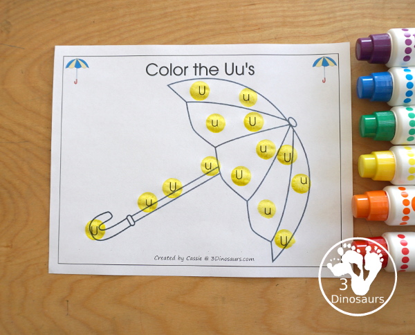 Free Romping & Roaring U Pack Letter Pack: U is for Umbrella - a letter U pack that has prewriting, finding letters, tracing letters, coloring pages, shapes, puzzles and more - 3Dinosaurs.com