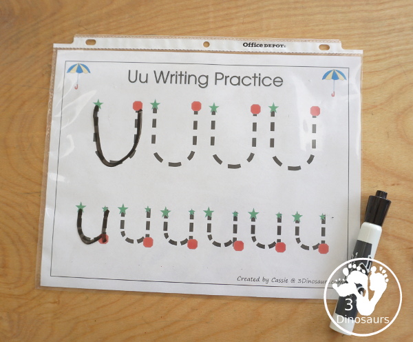 Free Romping & Roaring U Pack Letter Pack: U is for Umbrella - a letter U pack that has prewriting, finding letters, tracing letters, coloring pages, shapes, puzzles and more - 3Dinosaurs.com