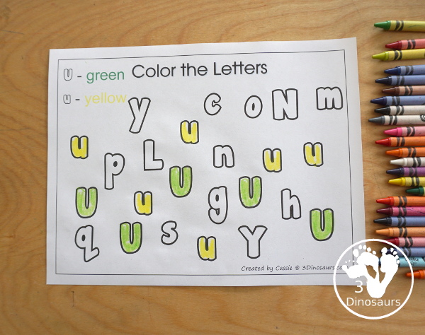 Free Romping & Roaring U Pack Letter Pack: U is for Umbrella - a letter U pack that has prewriting, finding letters, tracing letters, coloring pages, shapes, puzzles and more - 3Dinosaurs.com