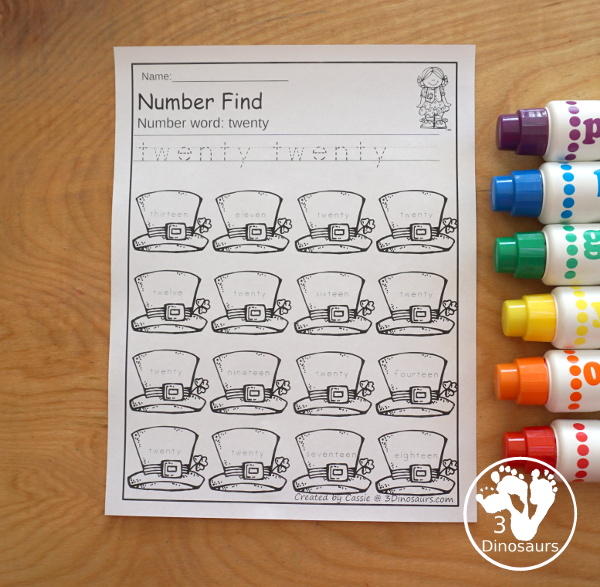 St Patrick's Day Number Find - with number find with the word - 3Dinosaurs.com