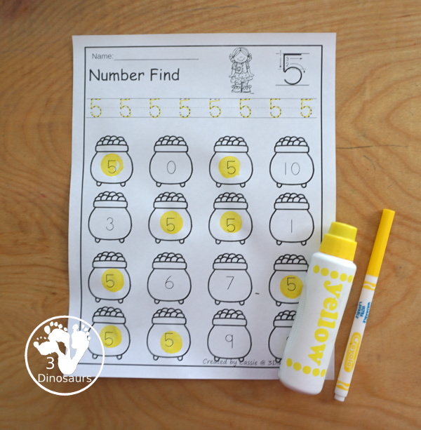 St Patrick's Day Number Find - using the number find with dot markers and markers - 3Dinosaurs.com